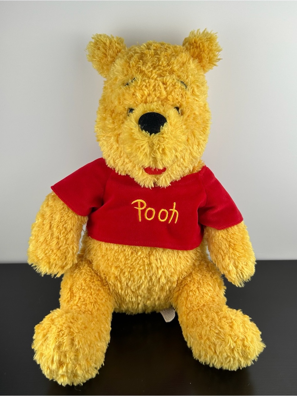 Disney Winnie the Pooh Sitting Teddy Bear 16” Large Fuzzy Curly Plush Red Shirt